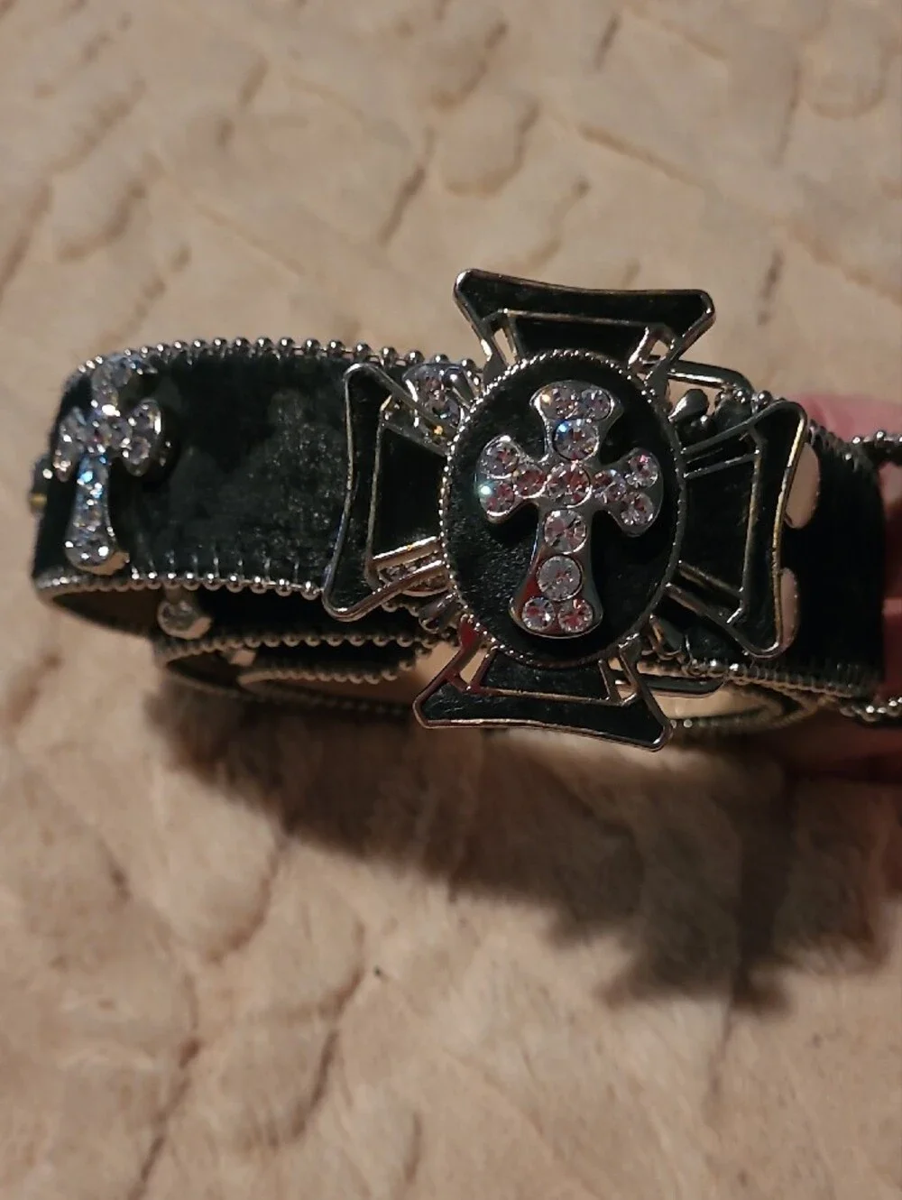 Black Cowhide Leather Belt With Silver And Crystal Cross Embellishments